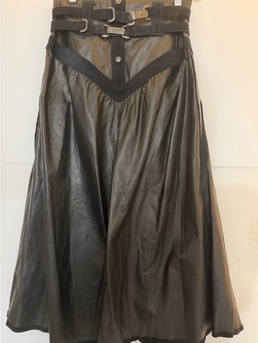 Black Leather A-Line Midi Skirt with Buckle Detail